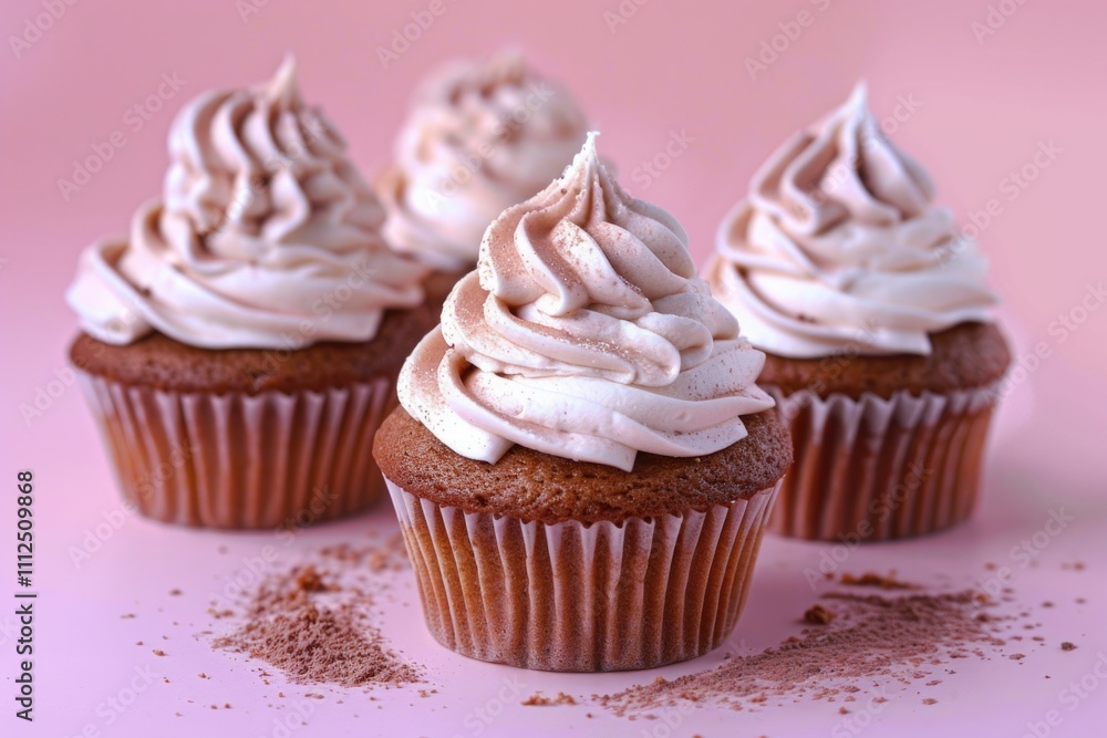 Three decorated cupcakes on a pink surface Three decorated cupcakes on a pink surface
