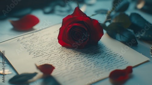 Red rose on handwritten love letter with scattered petals.