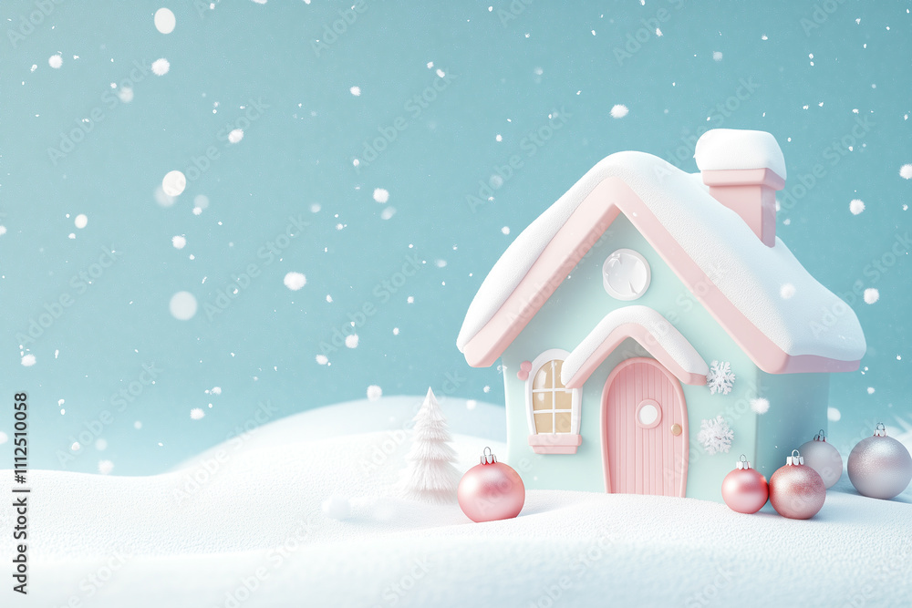 Cute 3d dreamy pink peach green turquoise pastel color small cottage house with snow falling background Christmas banner mockup greetings card Cute 3d dreamy pink peach green turquoise pastel color small cottage house with snow falling background Christmas banner mockup greetings card