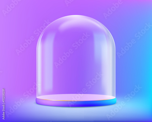 Empty stand with glass dome. On modern neon color background. Stock vector illustration