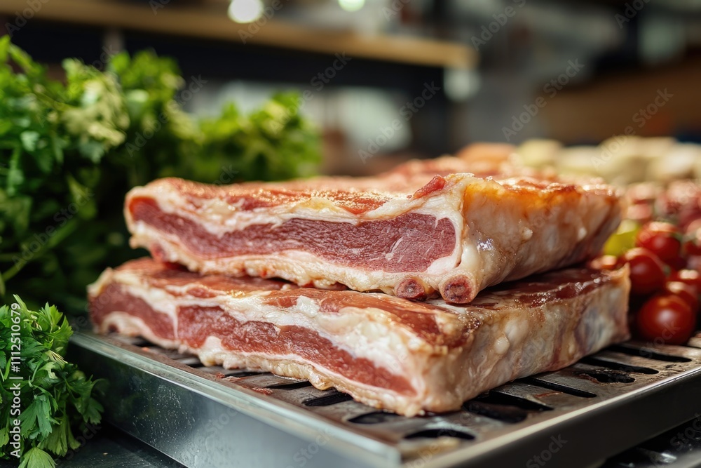 Sizzling hot bacon on a backyard grill, perfect for outdoor cooking and BBQs Sizzling hot bacon on a backyard grill, perfect for outdoor cooking and BBQs
