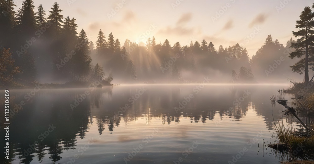 Fototapeta premium A serene lake at sunrise with mist rising from the water's surface , sunrise, water