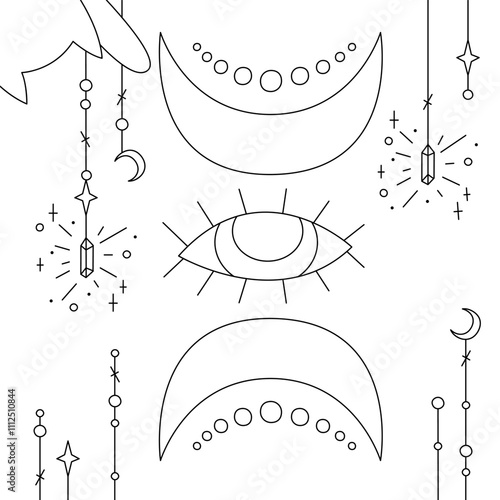 Mystical composition with the all-seeing eye and crescents. Black and white outline illustration.