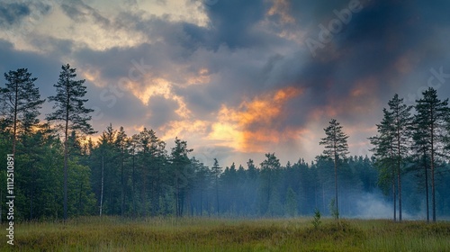 Breathtaking sunset over a serene forest landscape, with vibrant hues painting the sky and a peaceful meadow stretching out, offering a sense of tranquility and beauty.