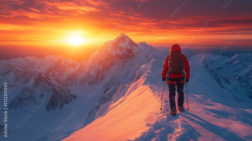 Fototapeta premium Climber in Golden Light at Mountain Summit