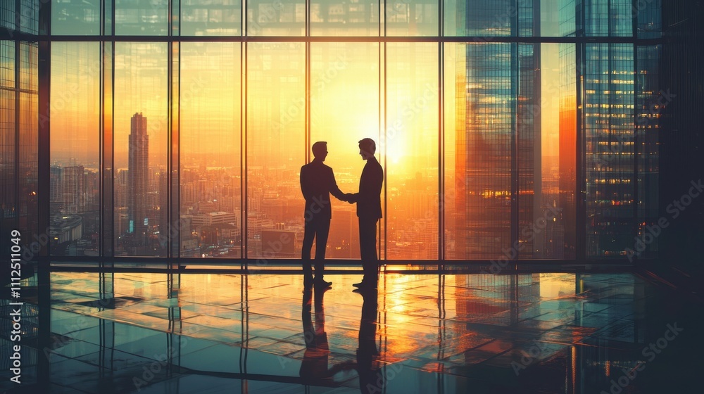 Fototapeta premium Modern Office Meeting at Dusk with City Skyline Backdrop