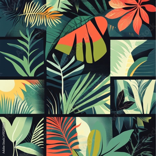 Rainforest patterns, nature-inspired palette, flat design illustration