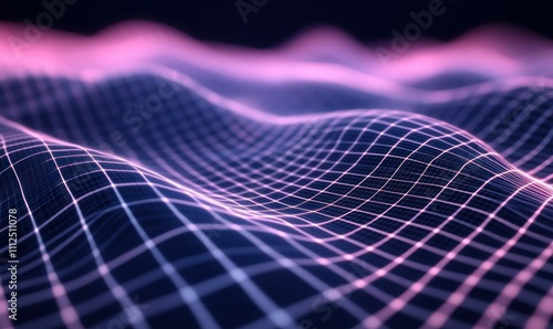 Abstract pink glowing digital waves forming a futuristic 3d landscape with grid patterns