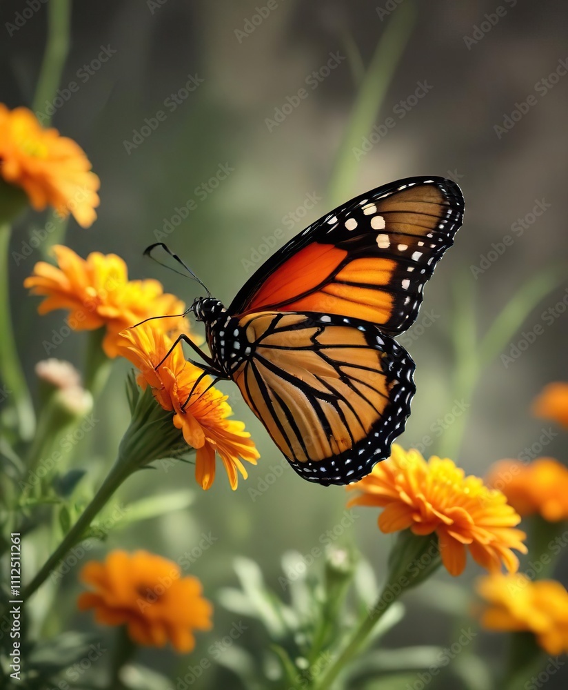 A single monarch butterfly sipping nectar from a bright orange marigold flower , nature scenes, floral arrangements, warm sunlight A single monarch butterfly sipping nectar from a bright orange marigold flower , nature scenes, floral arrangements, warm sunlight
