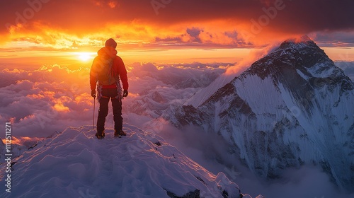 Adventurer Standing Triumphantly at Sunset Peak photo