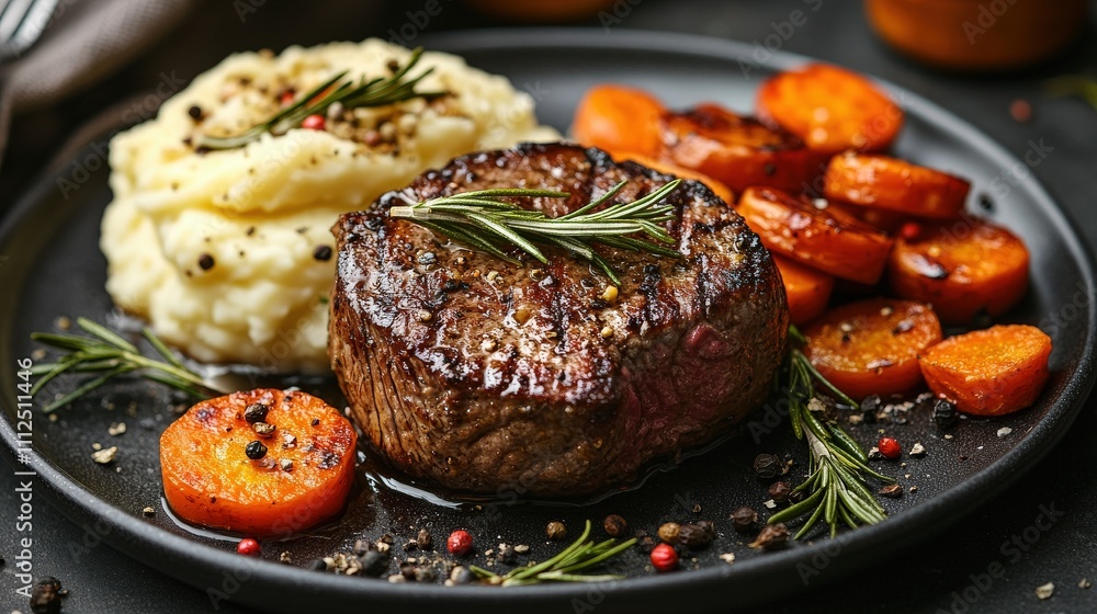A delicious meal featuring a juicy steak, creamy mashed potatoes, and roasted carrots, garnished with rosemary and spices on a stylish black plate. A delicious meal featuring a juicy steak, creamy mashed potatoes, and roasted carrots, garnished with rosemary and spices on a stylish black plate.