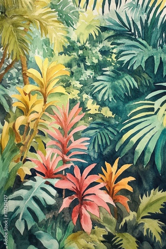 Tropical foliage watercolor patterns with a complementary palette, emphasizing dense vegetation and side view