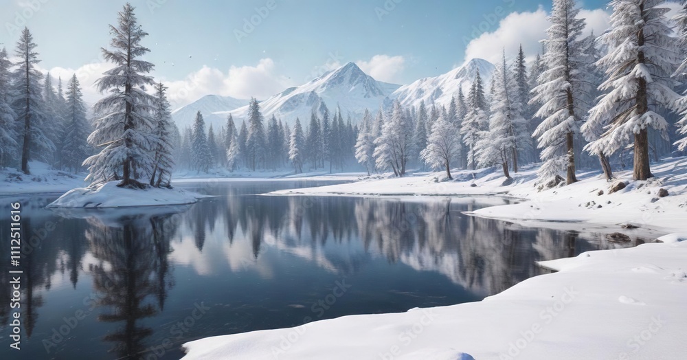 Fototapeta premium A snow-covered landscape with a frozen lake and snow-capped trees, winter wonderland, peaceful scene, snow covered landscape