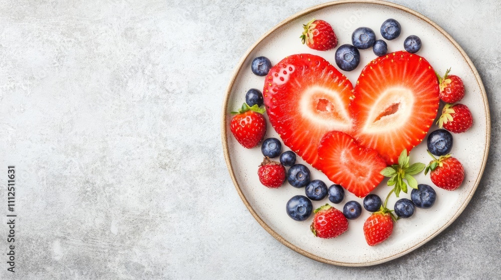 Sliced strawberries and blueberries arranged in the shape of a heart on a ceramic plate, ideal for romantic settings, Heartshaped fruit serving, Romantic food presentation Sliced strawberries and blueberries arranged in the shape of a heart on a ceramic plate, ideal for romantic settings, Heartshaped fruit serving, Romantic food presentation