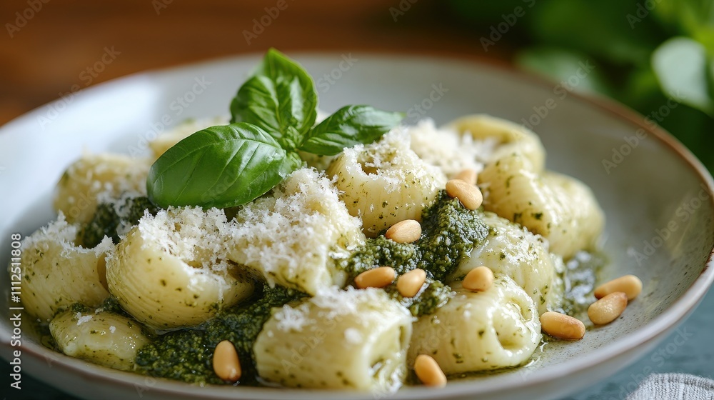 A delicious plate of pasta topped with fresh basil, pine nuts, and grated cheese, served in a rustic bowl with a vibrant green backdrop. A delicious plate of pasta topped with fresh basil, pine nuts, and grated cheese, served in a rustic bowl with a vibrant green backdrop.