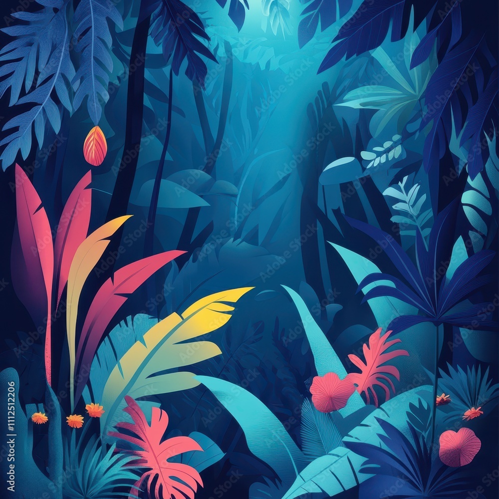 Vibrant rainforest scene, botanical focus, flat design illustration Vibrant rainforest scene, botanical focus, flat design illustration