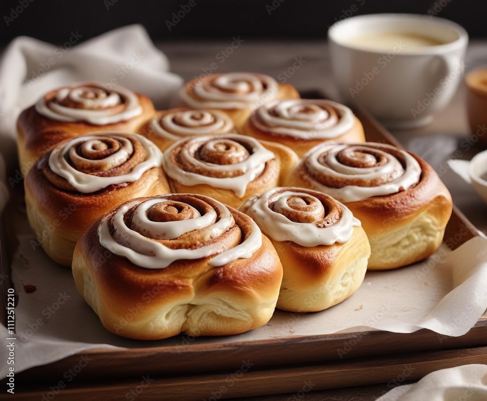 A tray of freshly baked cinnamon buns with a side of creamy icing, pastries, dessert, creamy A tray of freshly baked cinnamon buns with a side of creamy icing, pastries, dessert, creamy