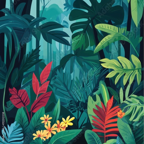 Vibrant rainforest scene, botanical focus, flat design illustration