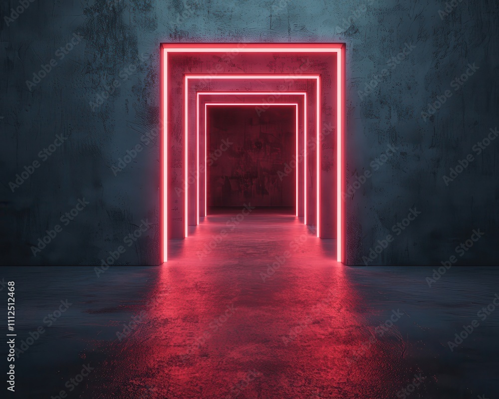 Futuristic Neon Tunnel with Glowing Pink Lights in Dark Space Futuristic Neon Tunnel with Glowing Pink Lights in Dark Space