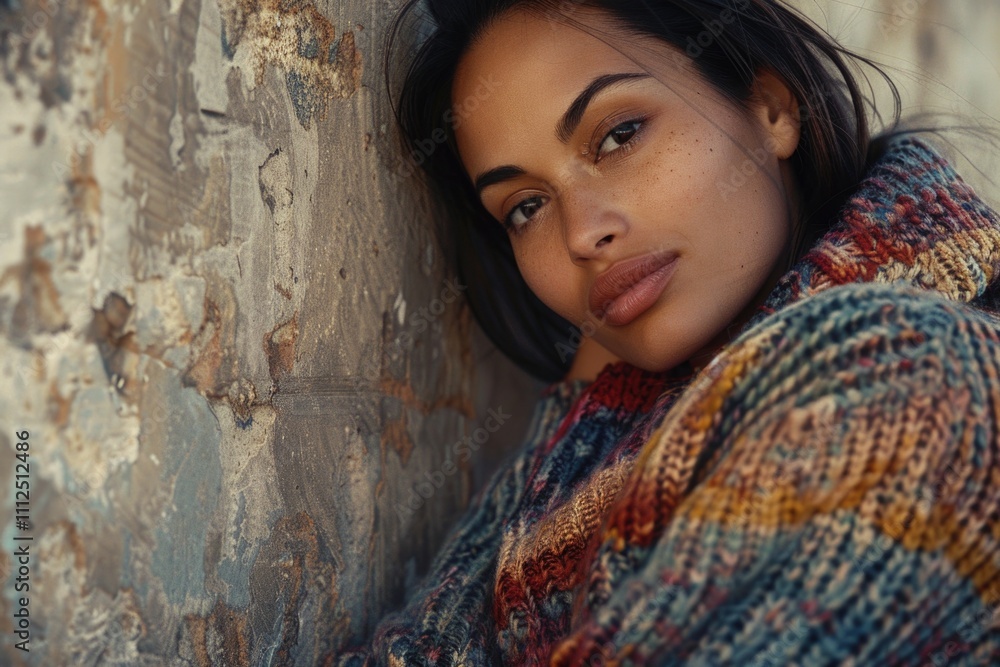 A beautiful young woman leans against a wall with a calm expression A beautiful young woman leans against a wall with a calm expression