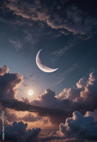 A vibrant depiction of a crescent moon shining through a cloud-filled sky at dusk, dusk, crescent moon