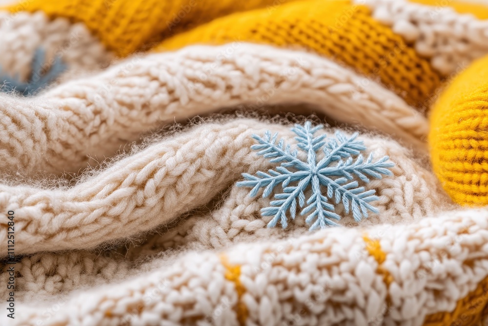 Soft Cream Knitted Texture with Blue Snowflake Detail on Cozy Warm Fabric Soft Cream Knitted Texture with Blue Snowflake Detail on Cozy Warm Fabric