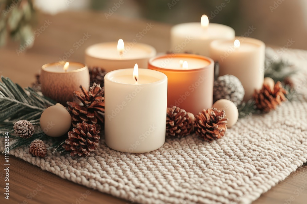 Beautiful Arrangement of Various Shaped Candles Surrounded by Natural Elements on a Cozy Table Beautiful Arrangement of Various Shaped Candles Surrounded by Natural Elements on a Cozy Table