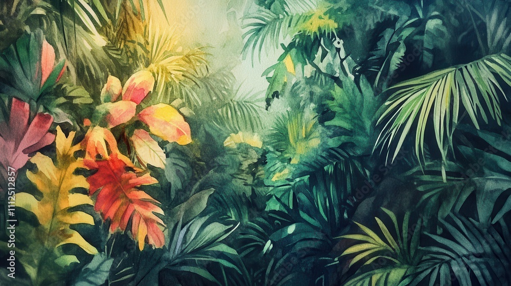Watercolor illustration of a lush jungle scene, dense with vibrant exotic plants and complementary tones Watercolor illustration of a lush jungle scene, dense with vibrant exotic plants and complementary tones