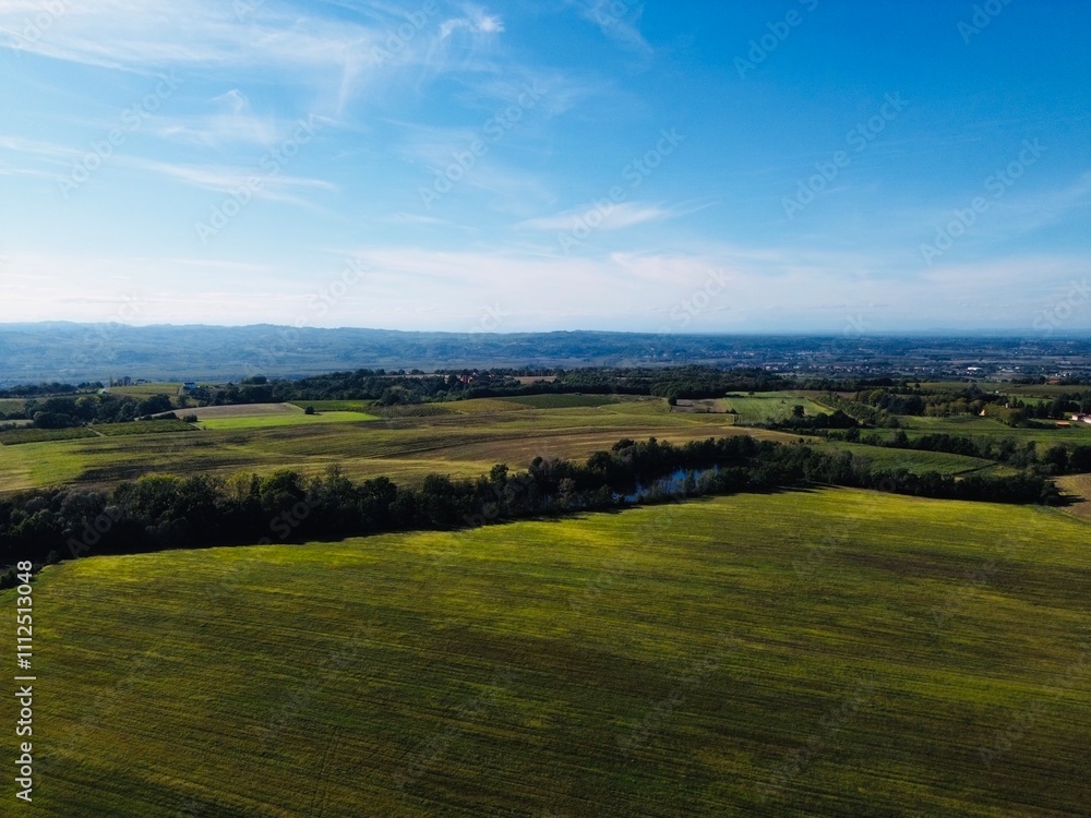 Fototapeta premium Scenic view of lush green fields and distant hills under a clear blue sky in the countryside