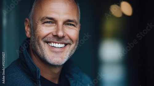 A close-up shot of a person with a bald head smiling at the camera