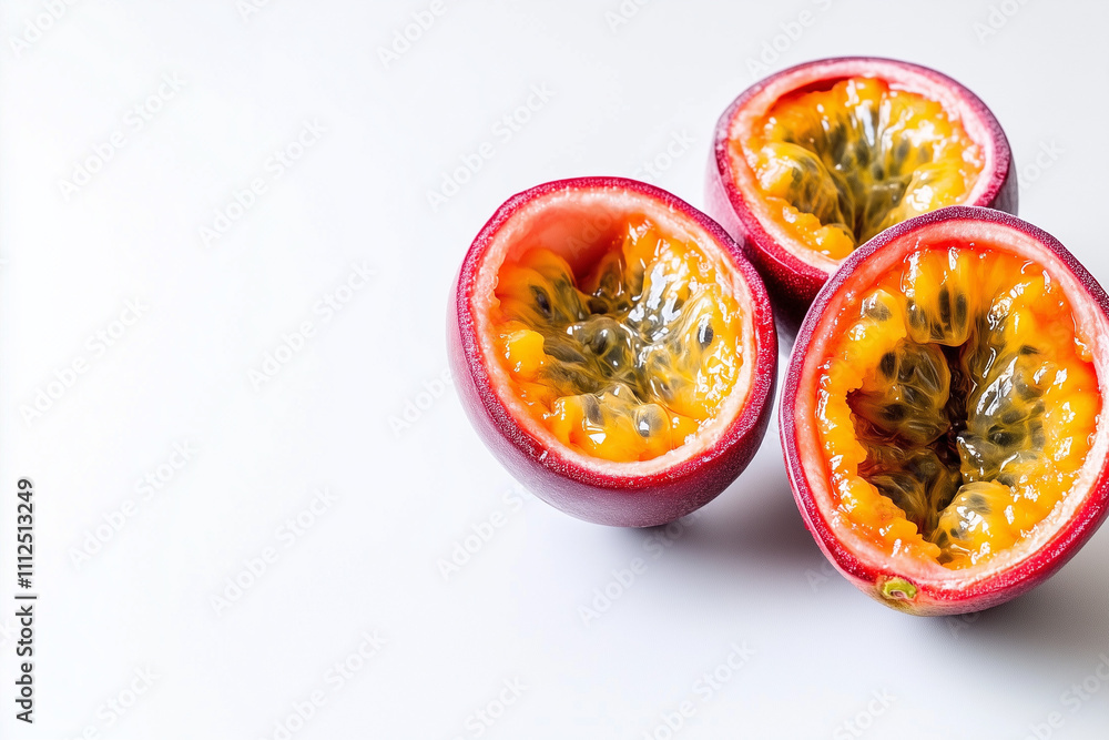 Half cut passion fruit isolated on white background, Selective focus passion fruit on white, Sliced of tropical sour fruit. Half cut passion fruit isolated on white background, Selective focus passion fruit on white, Sliced of tropical sour fruit.