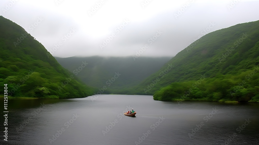 Serene Lake Boat Journey Amidst Misty Green Mountains Serene Lake Boat Journey Amidst Misty Green Mountains