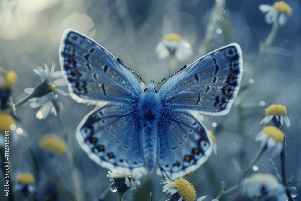 A blue butterfly perched on a colorful field of flowers, great for use in nature-inspired designs and illustrations A blue butterfly perched on a colorful field of flowers, great for use in nature-inspired designs and illustrations