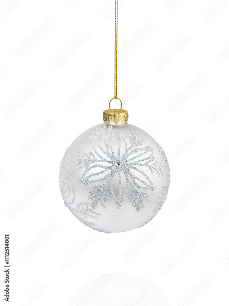 White silver glittering Christmas ornaments ball with snowflake isolated on white background with clipping path. Design element. White silver glittering Christmas ornaments ball with snowflake isolated on white background with clipping path. Design element.