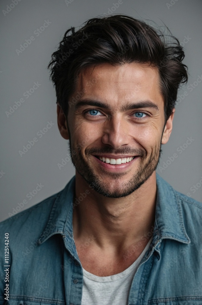 Obraz premium Charming black haired man smiling against blue backdrop