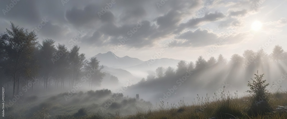 A misty morning scene featuring a light gray cloudy backdrop with soft sunlight peeking through, calm environment, gray cloudy background A misty morning scene featuring a light gray cloudy backdrop with soft sunlight peeking through, calm environment, gray cloudy background