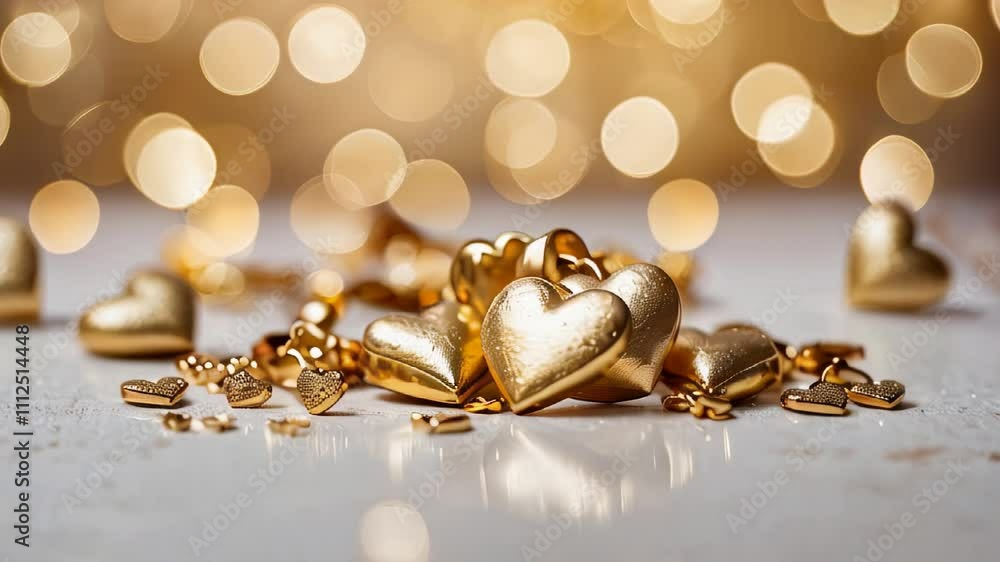 Close-up of golden heart decorations on a soft glowing bokeh background, creating a romantic and luxurious atmosphere. Valentines day. Video 4k Close-up of golden heart decorations on a soft glowing bokeh background, creating a romantic and luxurious atmosphere. Valentines day. Video 4k