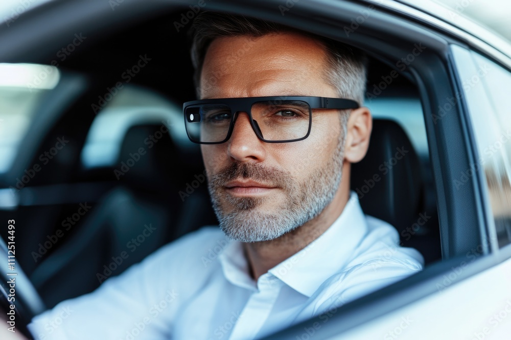 A person wearing glasses sits in a vehicle A person wearing glasses sits in a vehicle