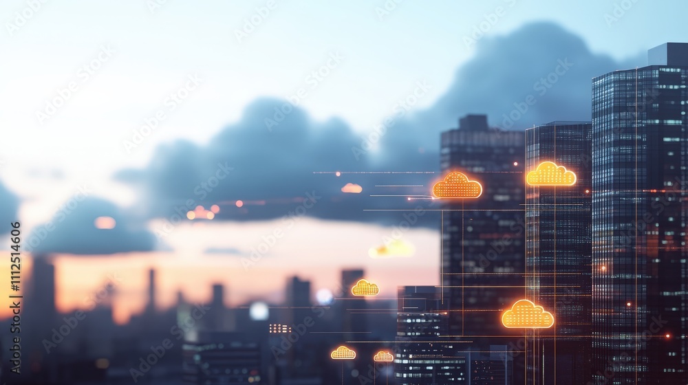 Futuristic Cityscape at Dusk Featuring Dynamic Cloud Technology Above Modern Skyscrapers