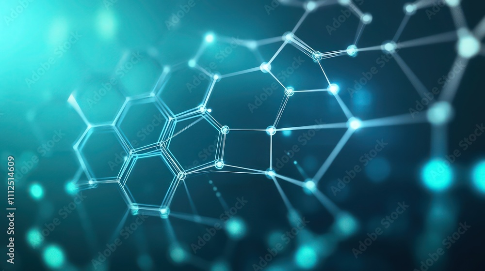 Fototapeta premium Geometric shapes and lines connecting glowing points in silver and aqua, forming a dynamic hexagonal grid over a vibrant digital blue background