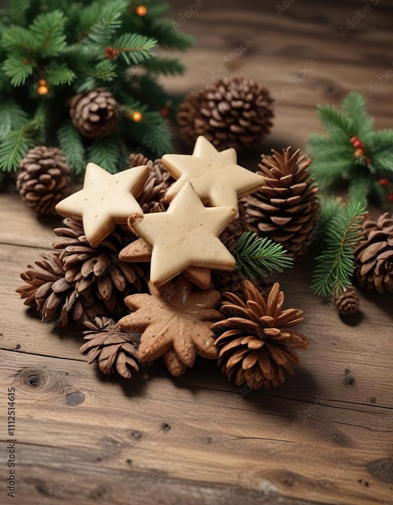 A natural and rustic arrangement of pine cones and star-shaped cookie Christmas trees on a wooden table , christmas trees, pine cones, rustic A natural and rustic arrangement of pine cones and star-shaped cookie Christmas trees on a wooden table , christmas trees, pine cones, rustic