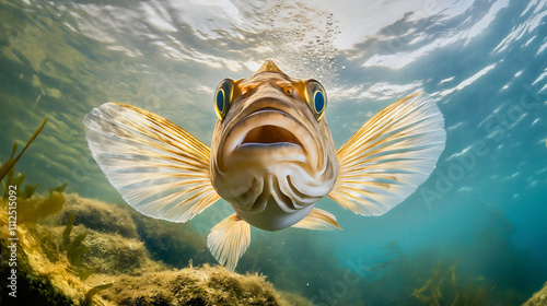 Atlantic cod fish swimming underwater portrait, Norwegian marine wildlife in natural environment, Scandinavian seafood species in ocean waters photo