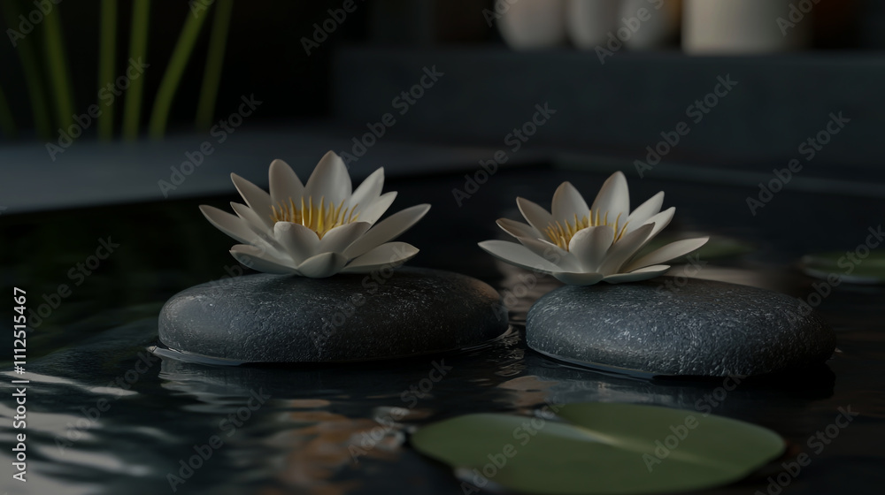 Serene waterlily floating on water with massage stones, symbolizing natural healing and alternative therapy Serene waterlily floating on water with massage stones, symbolizing natural healing and alternative therapy