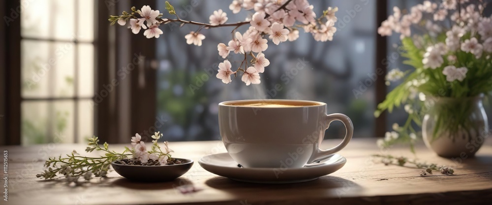 A peaceful cup of coffee accompanied by delicate spring flowers and soft lighting, ambiance , light A peaceful cup of coffee accompanied by delicate spring flowers and soft lighting, ambiance , light