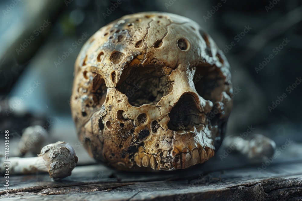 A skull sitting on a wooden table, suitable for horror-themed or Halloween-related content A skull sitting on a wooden table, suitable for horror-themed or Halloween-related content
