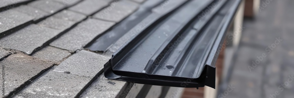 Closeup of galvanized rain gutter with black plastic drain pipe, plastic, eco friendly, sustainable living Closeup of galvanized rain gutter with black plastic drain pipe, plastic, eco friendly, sustainable living