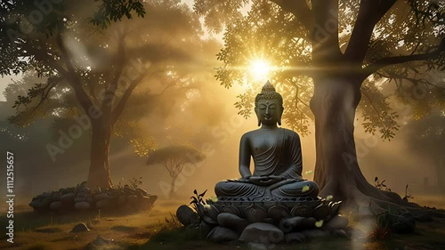 A Buddha statue is under a tree in the middle of the forest at sunset. Seamless 4K looping timelapse video animation background