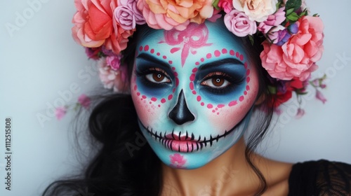 Vibrant Sugar Skull Makeup with Floral Crown