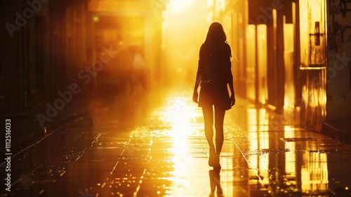 A person strolling along the sidewalk as the sun sets behind them, with a warm glow on their face