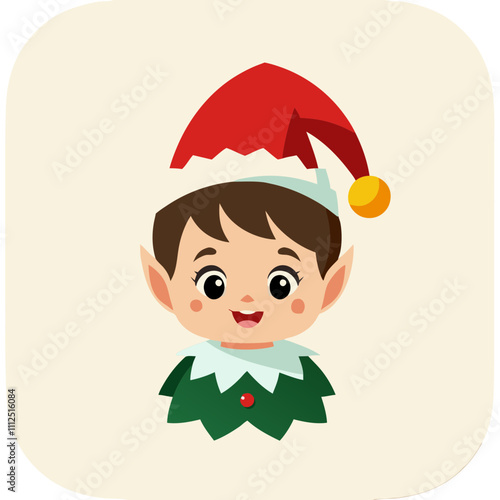 Cute cheerful Christmas elf character with a red hat and green outfit in a flat design, vector